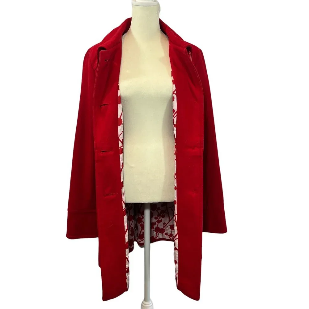 Gorgeous Tulle Bright Red Wool Blend Coat with Red & White Print Lining … - Picture 2 of 9